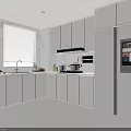 Modern Kitchen With White Cabinets Marble Walls Stove Range Hood And Stainless Steel Refrigerator