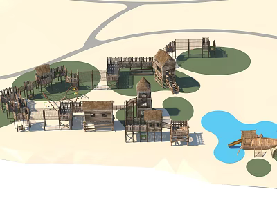Garden Ornamental Features With Wooden Structures Thatched Huts Green Lawns And Water Pond 3d model