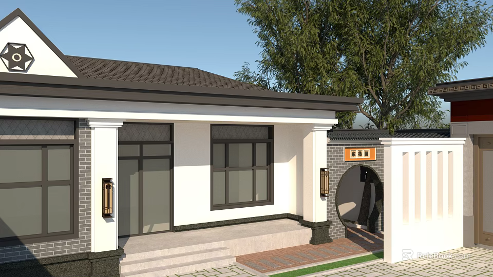 Rural Self-built House With Dark Tile Roof White Wall Black Framed Windows And Moon Gate 3d model 