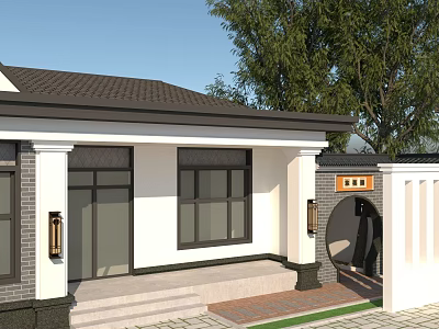 Rural Self-built House With Dark Tile Roof White Wall Black Framed Windows And Moon Gate 3d model