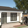 Rural Self-built House With Dark Tile Roof White Wall Black Framed Windows And Moon Gate