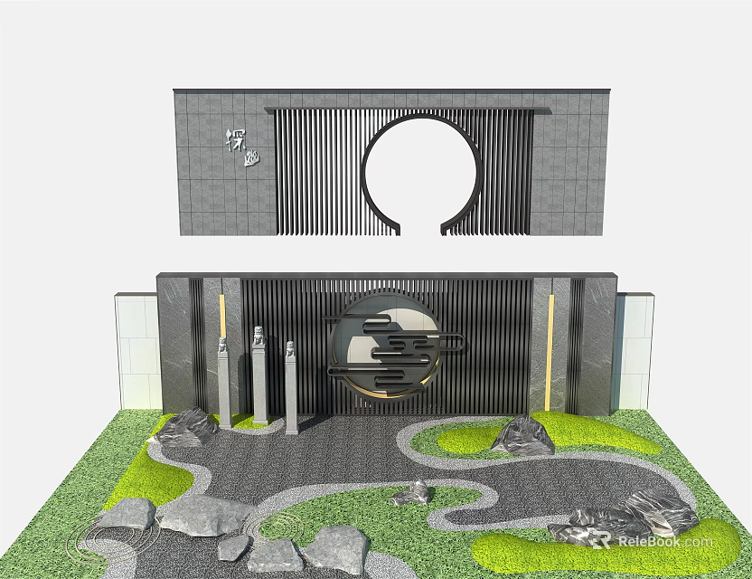 Modern Scenic Wall Design With Circular Element Stone Pathway And Green Plants 3d model