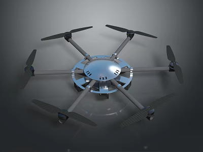 Modern Hexacopter Drone With Silver Central Body And Black Rotating Propellers 3d model