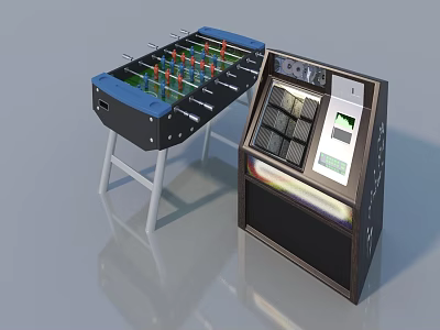 Stylish Blue Foosball Table With White Legs And Retro Arcade Machine Setup 3d model
