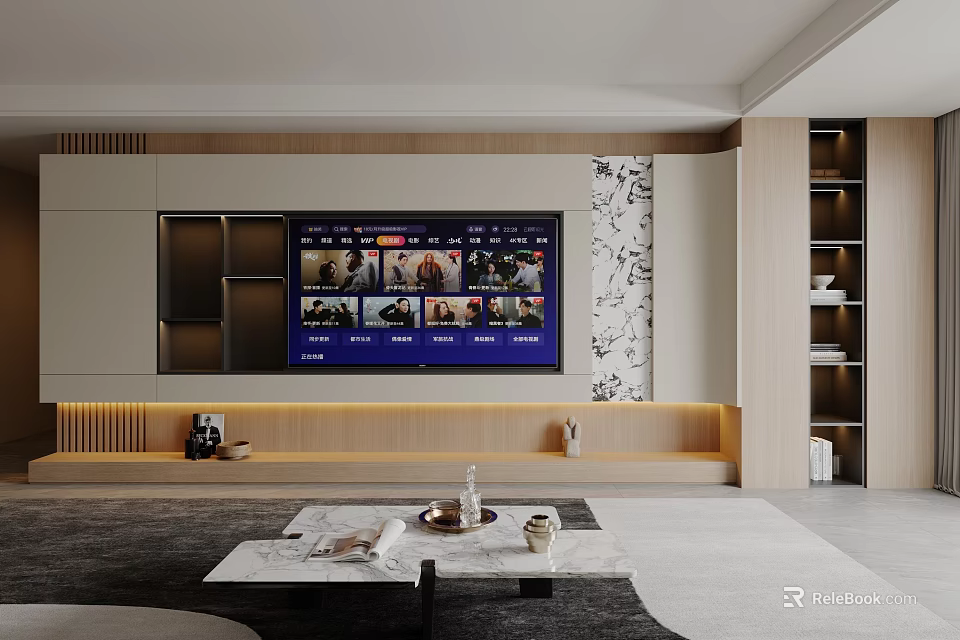 Modern Living Room Interior Design With Large Screen TV Decorative Wall And Coffee Table 3d model 