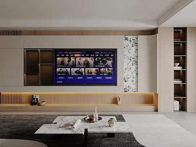 Modern Living Room Interior Design With Large Screen TV Decorative Wall And Coffee Table 3d model