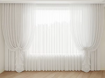 Elegant White Sheer Curtains With Pleated Design Tied Back For Window Interior 3d model