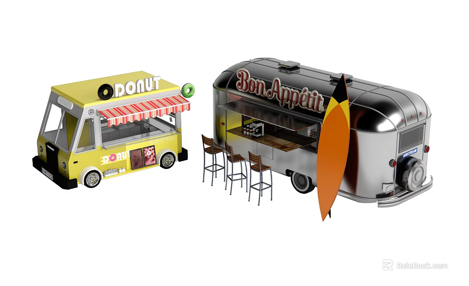 Yellow Donut Truck and Silver Bon Appetit Food Truck With Bar Stools and Surfboard 3d model 