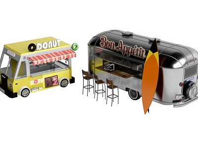Yellow Donut Truck and Silver Bon Appetit Food Truck With Bar Stools and Surfboard 3d model