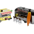 Yellow Donut Truck and Silver Bon Appetit Food Truck With Bar Stools and Surfboard