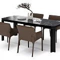 Black Marble Top Dining Table Set With Brown Chairs And Decorative Vase 3d model