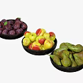 Fresh Assorted Fruit With Purple Plums Red Yellow Apples And Green Pears In Black Bowls