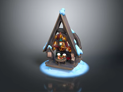 Cartoon Winter Scene Featuring Snowy Triangular Roof Cabin With Decorations And Glowing Icy Base 3d model