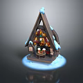 Cartoon Winter Scene Featuring Snowy Triangular Roof Cabin With Decorations And Glowing Icy Base