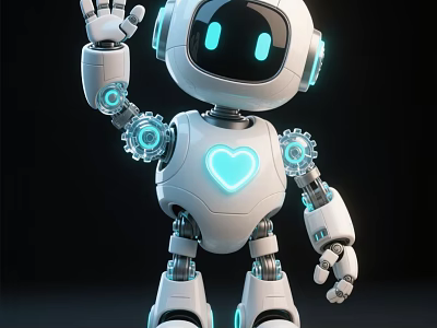 Adorable White Robot Game Character With Blue Glowing Eyes Glowing Heart Gears And Waving Hand 3d model