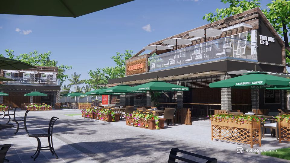 Commercial Street With Outdoor Dining Area Green Umbrellas And Flower Boxes 3d model 