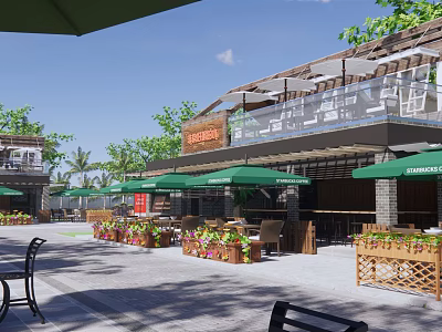 Commercial Street With Outdoor Dining Area Green Umbrellas And Flower Boxes 3d model