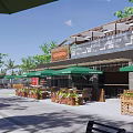 Commercial Street With Outdoor Dining Area Green Umbrellas And Flower Boxes
