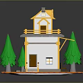 Cartoon Scene Featuring Colorful House Yellow Roof White Walls Green Trees And Small Horse