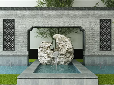 Traditional Oriental Garden Ornament With Rockery Stone Water Fountain Bamboo And Brick Wall 3d model