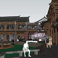 Traditional Chinese Commercial Landscape With Classical Roofs Outdoor Seating And Red Umbrellas Along Water Channel