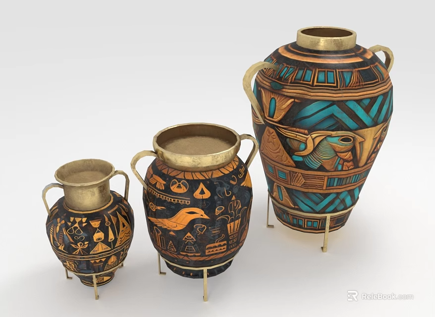 Set Of Three Plant Inspired Vases With Decorative Patterns And Gold Bases 3d model 