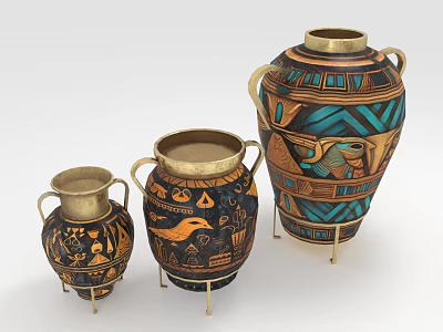 Set Of Three Plant Inspired Vases With Decorative Patterns And Gold Bases 3d model