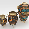 Set Of Three Plant Inspired Vases With Decorative Patterns And Gold Bases