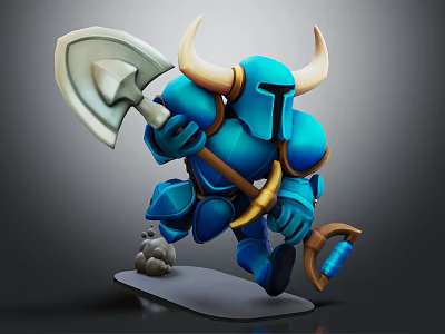 Horned Blue Armored Warrior Character Holding Giant Axe With Small Stones On Base 3d model