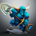 Horned Blue Armored Warrior Character Holding Giant Axe With Small Stones On Base
