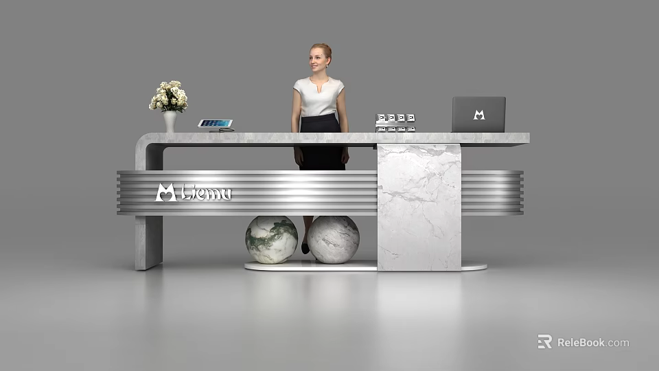 Modern Reception Desk With Marble Surface Metal Frame Twin Globes Flower Tablet And Laptop 3d model 