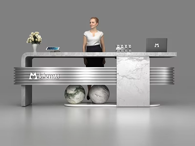 Modern Reception Desk With Marble Surface Metal Frame Twin Globes Flower Tablet And Laptop 3d model
