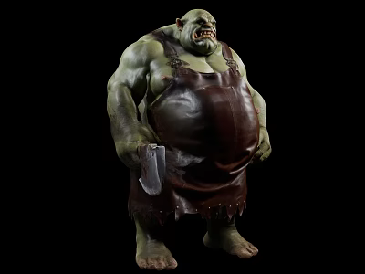 Game Movie Character With Green Skin Large Body Brown Leather Apron Holding Knife 3d model