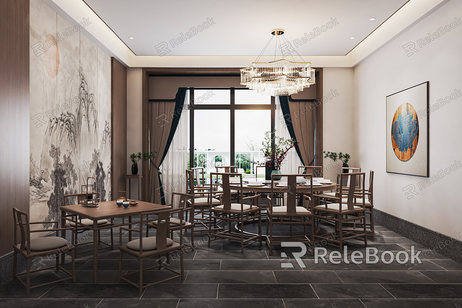 New Chinese Style Room Restaurant Box Catering Room Hotel Catering Room Round Dining Table Background Wall Art Chandelier model