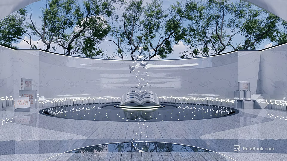 Open Book Sculpture in Modern Circular Pool With Lighting Trees and Blue Sky 3d model 