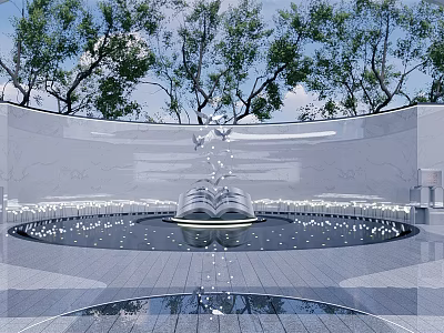 Open Book Sculpture in Modern Circular Pool With Lighting Trees and Blue Sky 3d model
