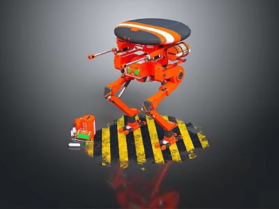 Orange Robot With Four Legs Standing On Yellow Black Striped Floor Near Small Device 3d model