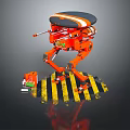 Orange Robot With Four Legs Standing On Yellow Black Striped Floor Near Small Device