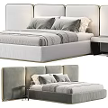 Modern Double Bed With Gray Upholstered Headboard Pillows Bed Linens And Nightstand