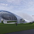 Streamlined Modern Architectural Design With White Grid Exterior Grassland Surroundings And Urban Backdrop