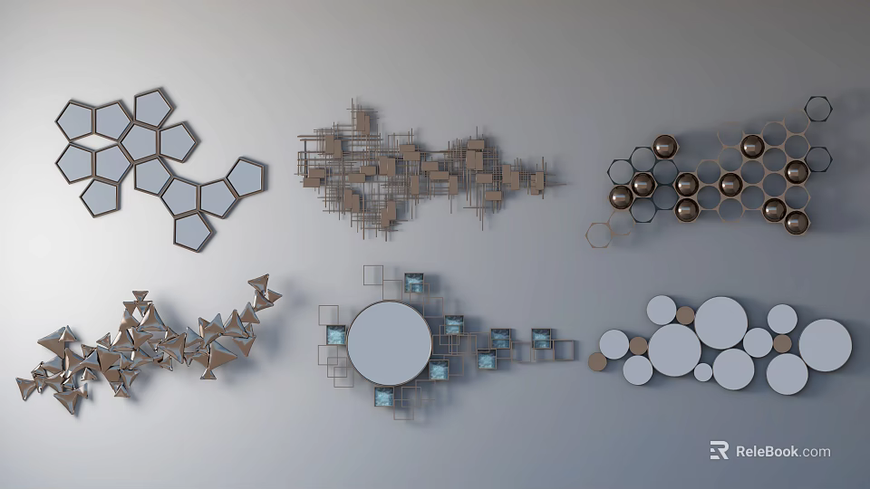 Modern Geometric Wall Decor with Hexagon Square and Circle Shapes in Metal and Wood 3d model 