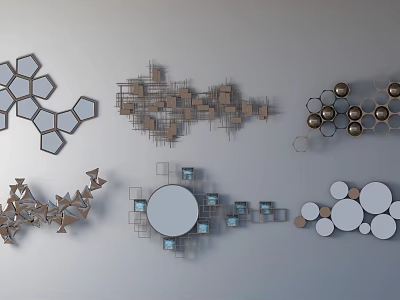 Modern Geometric Wall Decor with Hexagon Square and Circle Shapes in Metal and Wood 3d model