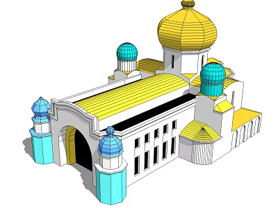 Classic European Architecture With Yellow Domes Blue Towers And Arched Entrance 3d model