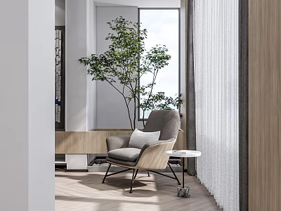 Modern Single Sofa By Window With Green Plant And Small Coffee Table On Wooden Floor 3d model