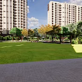 Residential Landscape With Walking Path Steps Trees Lawns And Flower Beds Near Buildings