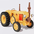 Vintage Yellow Tractor Model Featuring Large Black Wheels Red Panel And Chimneys