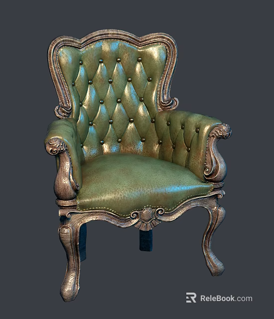 Classic Vintage Single Sofa With Green Leather Tufted Design And Carved Wooden Arms And Legs 3d model 