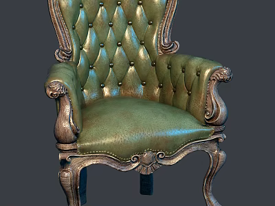 Classic Vintage Single Sofa With Green Leather Tufted Design And Carved Wooden Arms And Legs 3d model