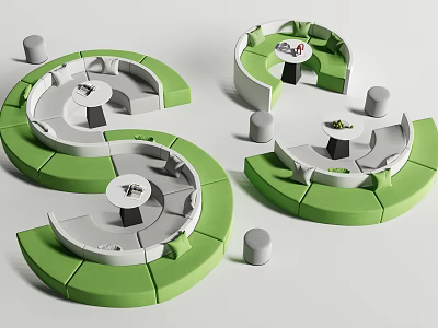 Modern Circular Public Chairs With Green And White Curved Seats Small Tables And Surrounding Pillars 3d model