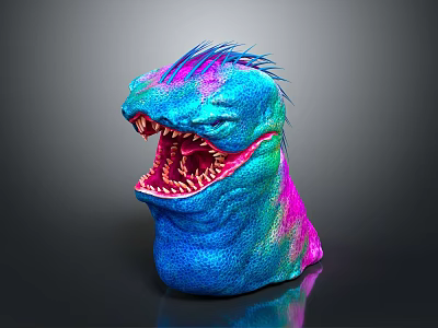 Fantasy Creature Head with Vibrant Blue Pink Purple Sharp Teeth Open Mouth and Spiky Mane 3d model